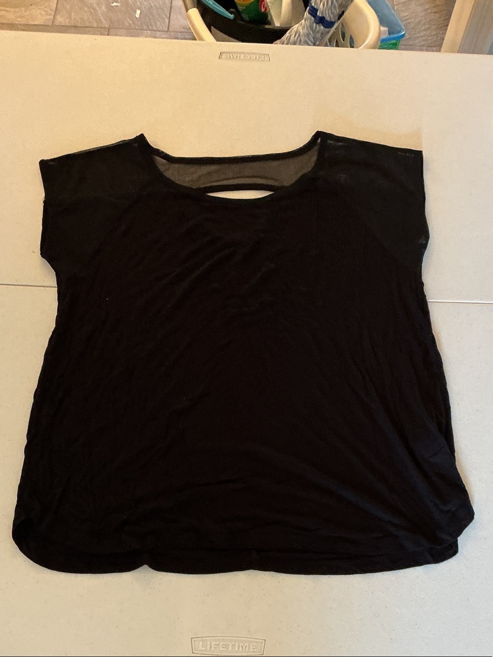 Black Women's Short Sleeve Top with Sheer Yoke